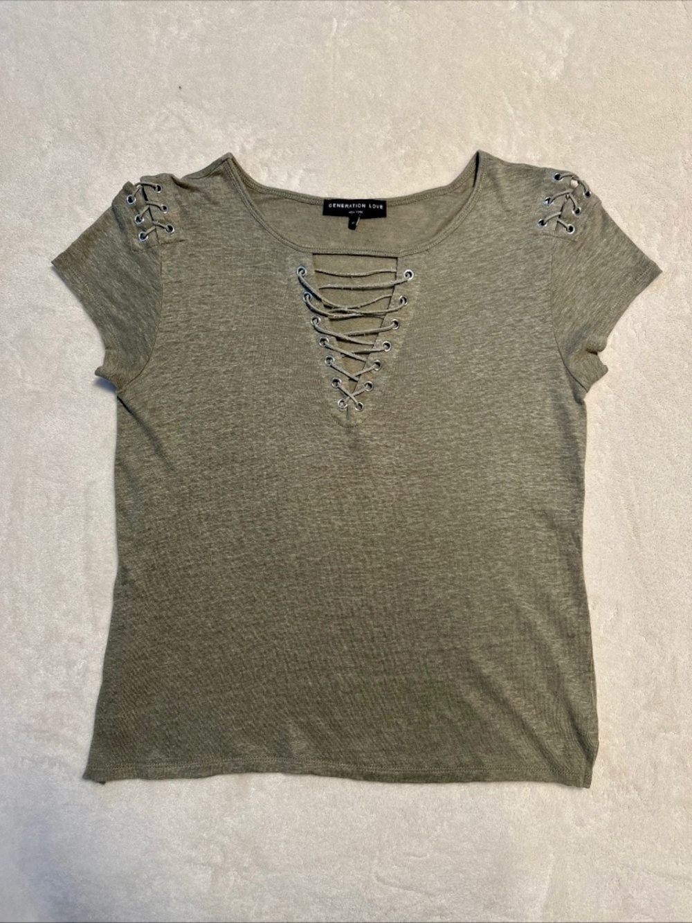 100% Linen Olive Green T-Shirt XS - Generation Love - Lace-Up V-Neck Tee